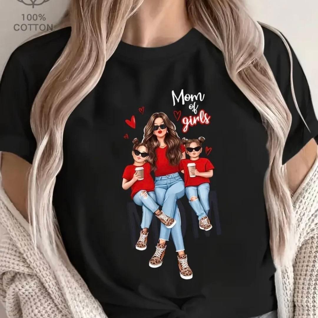 Short Sleeve  T-Shirt Mom of Girls Cartoon Printed T-Shirt, Y2K Style, Short Sleeve, Crew Neck, Mother'S Day Gift