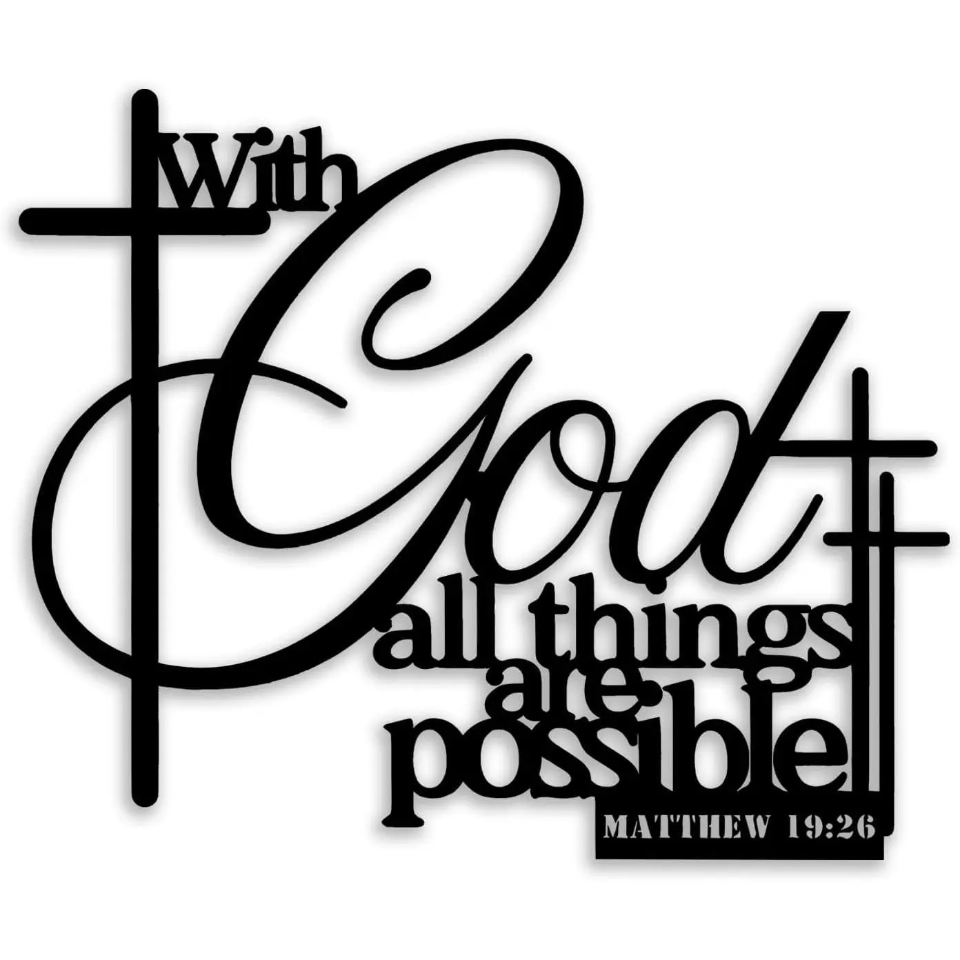 Cross Matthew 19 26 Metal Wall Decor - Christian Scripture Room Decor Motivational Inspirational Wall Art Home Decor for Living Room, Bedroom, Dining Room, Bathroom, Office (Black)
