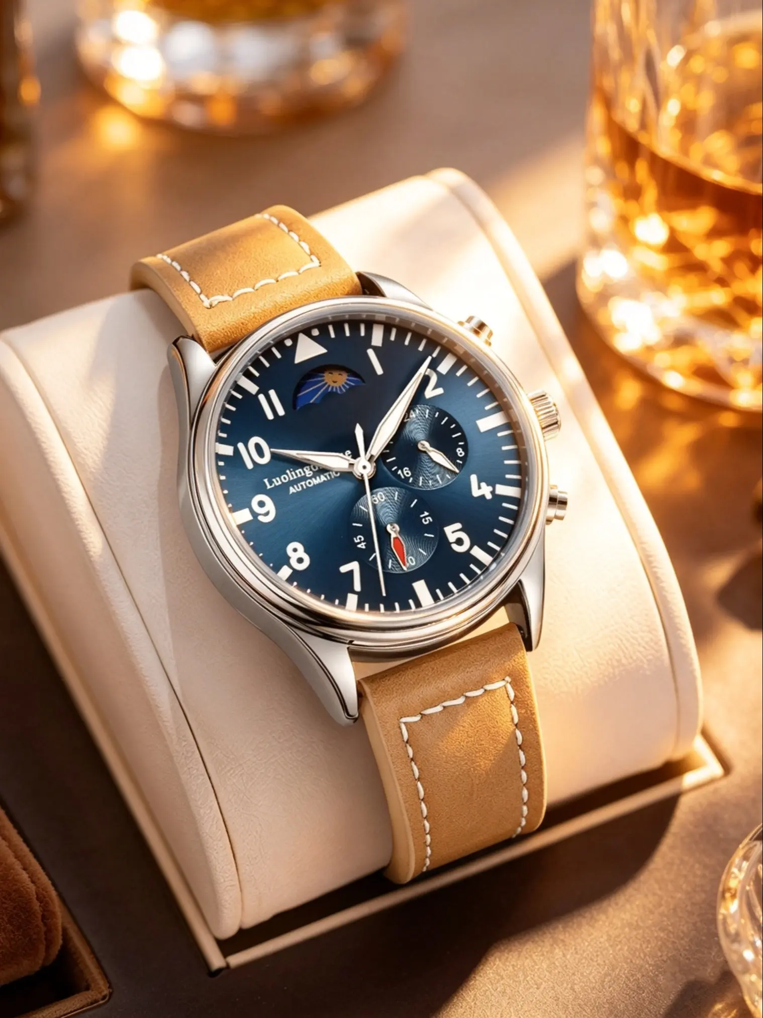 Vintage Pilot Men's Mechanical Watch, Leather Strap, Waterproof, Fashionable, Suitable for Office, Travel, Outdoor, Daily Wear