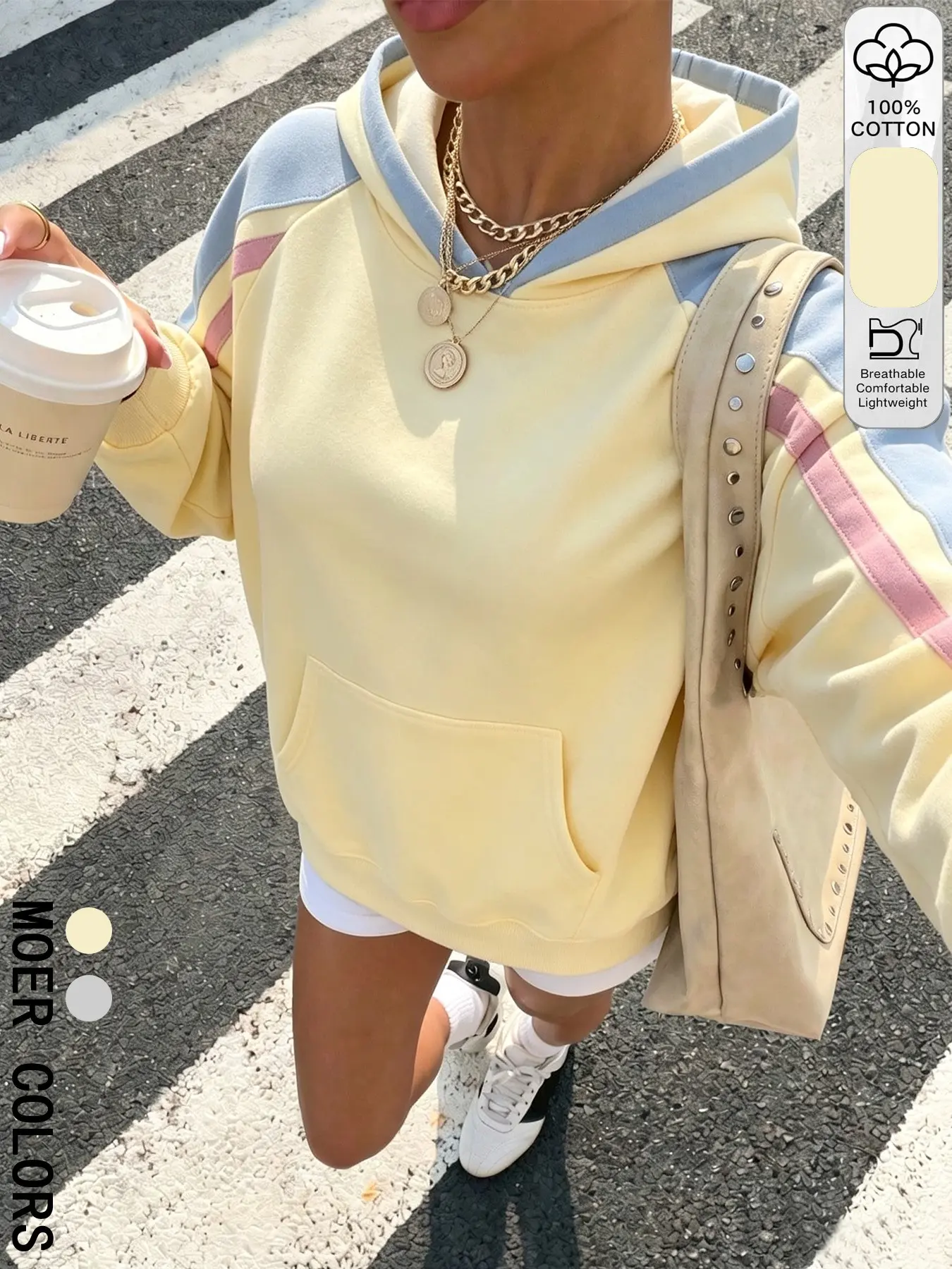 Women's Colorblock Striped Hooded Sweatshirt, Long Sleeve Pullover, Kangaroo Pocket, Loose Fit, Casual Street Style, Fall & Winter