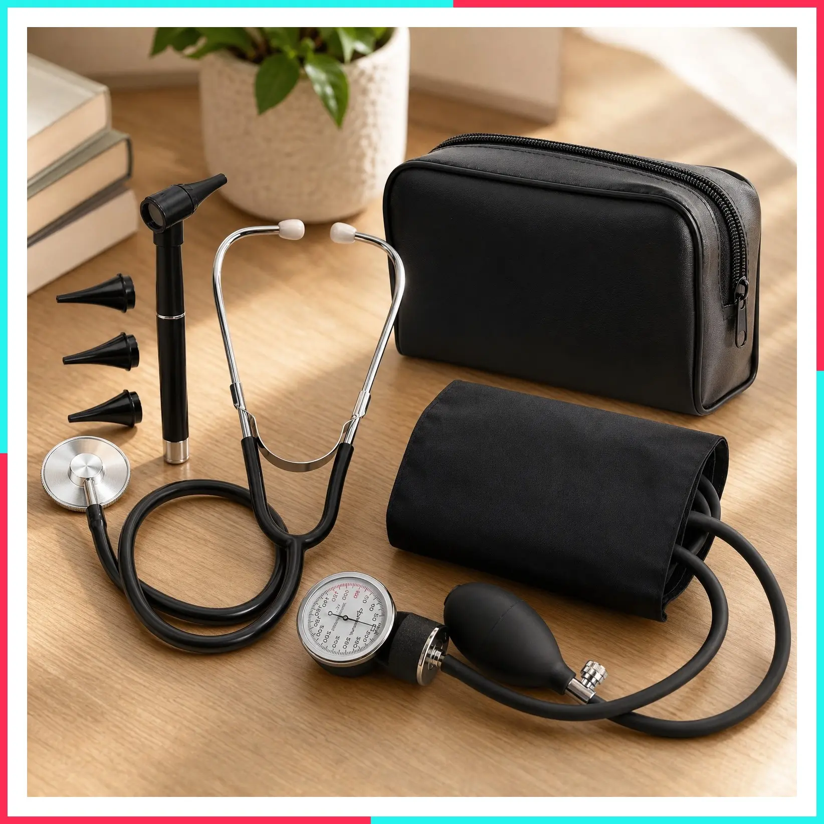 Nurse Essentials Starter Kit – Adult Aneroid Sphygmomanometer, Classic Stethoscope & Mini Diagnostic Otoscope with Travel Case