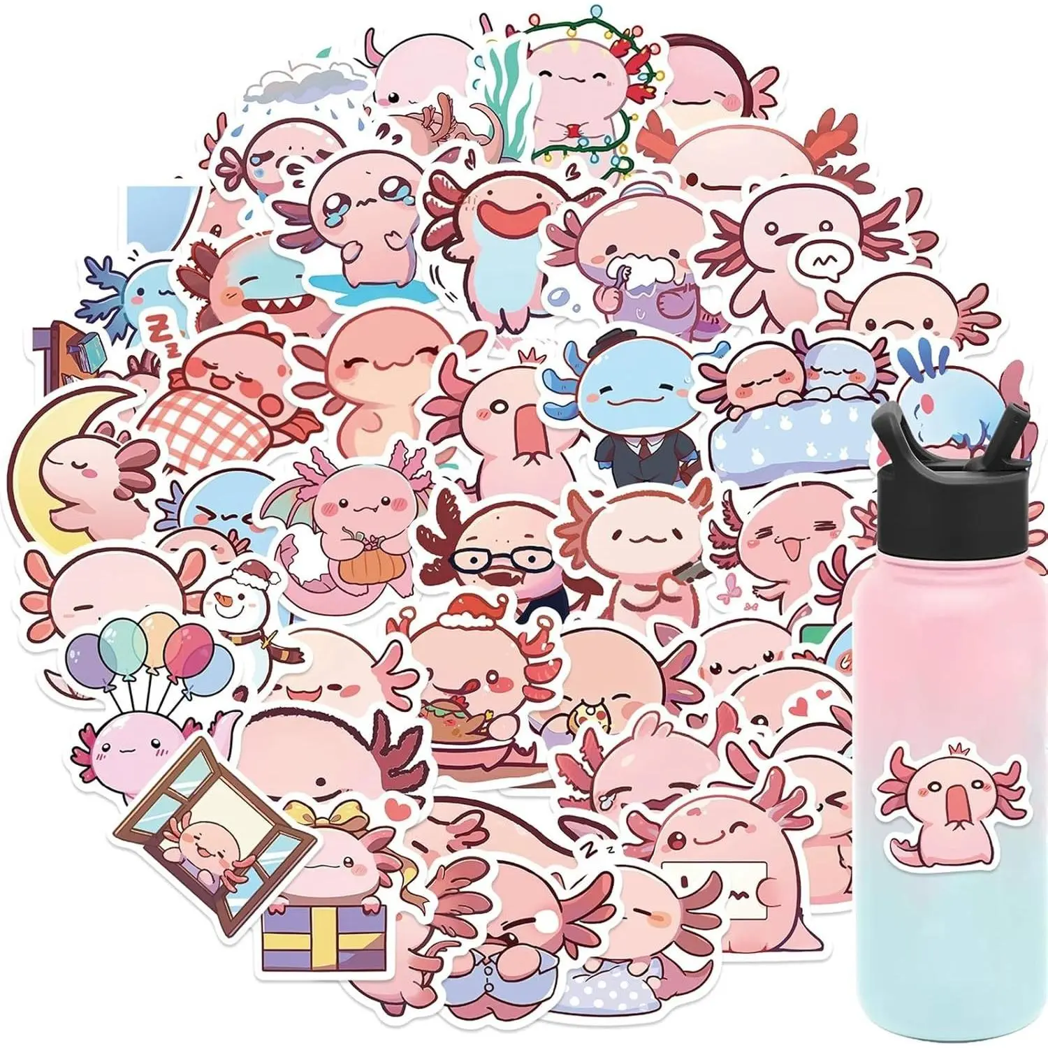 50PCS Cute Axolotl Stickers - Salamandrid Decorative Vinyl Stickers for Water Bottles, Laptops, Cups, Suitable for Kids, Teens, Adults, Party Favors, Scrapbooking, Gift