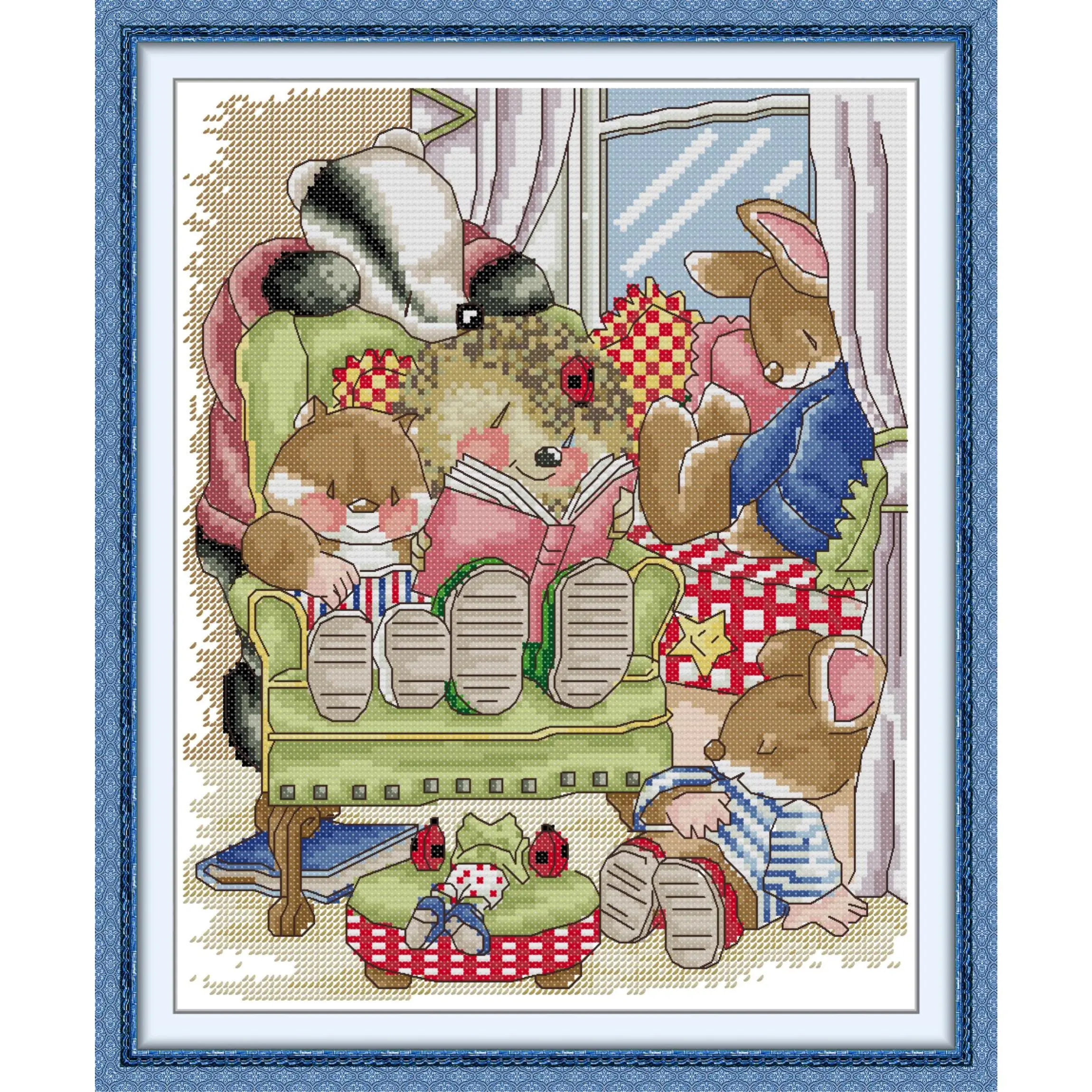 Soulgift-Bow-Story Time-Pre-printed Cross Stitch Kit  Easy Pattern Aida  Stamped Fabric Embroidery Set-DIY-Easy-Handmade-Craft-needlework-present-decoration-scenery-Animal-portrait