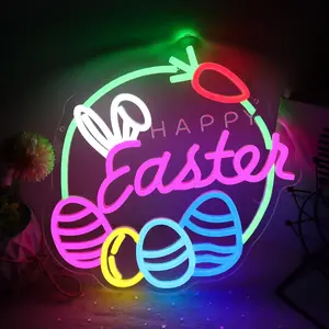 Happy Easter Neon Sign LED Wall Light Bunny Eggs Carrot Design Decor for Easter Party  Bedroom  Room Spring Holiday Party USB
