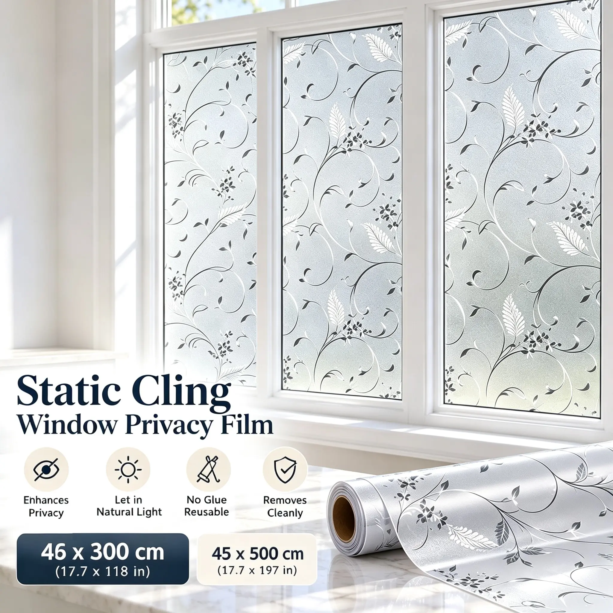 Privacy Window Film Roll, PVC Static Adhesive No Glue, Easy Peel and Stick Installation, Office and Living Room Decor, Glass Sticker, Window Privacy Films