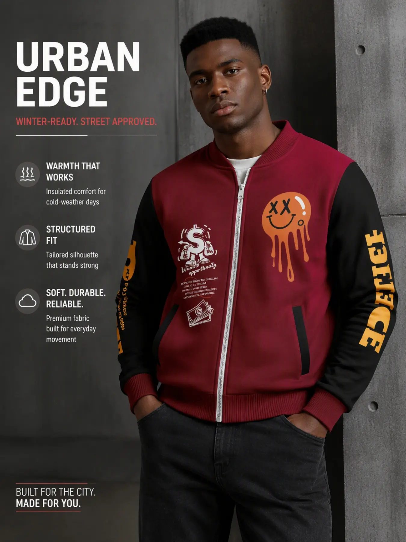 Men's Burgundy Patchwork Smiley Face Full Zip Bomber Jacket, Vintage Dollar Print Baseball Neck Windproof Jacket, Streetwear Fall Winter Coat
