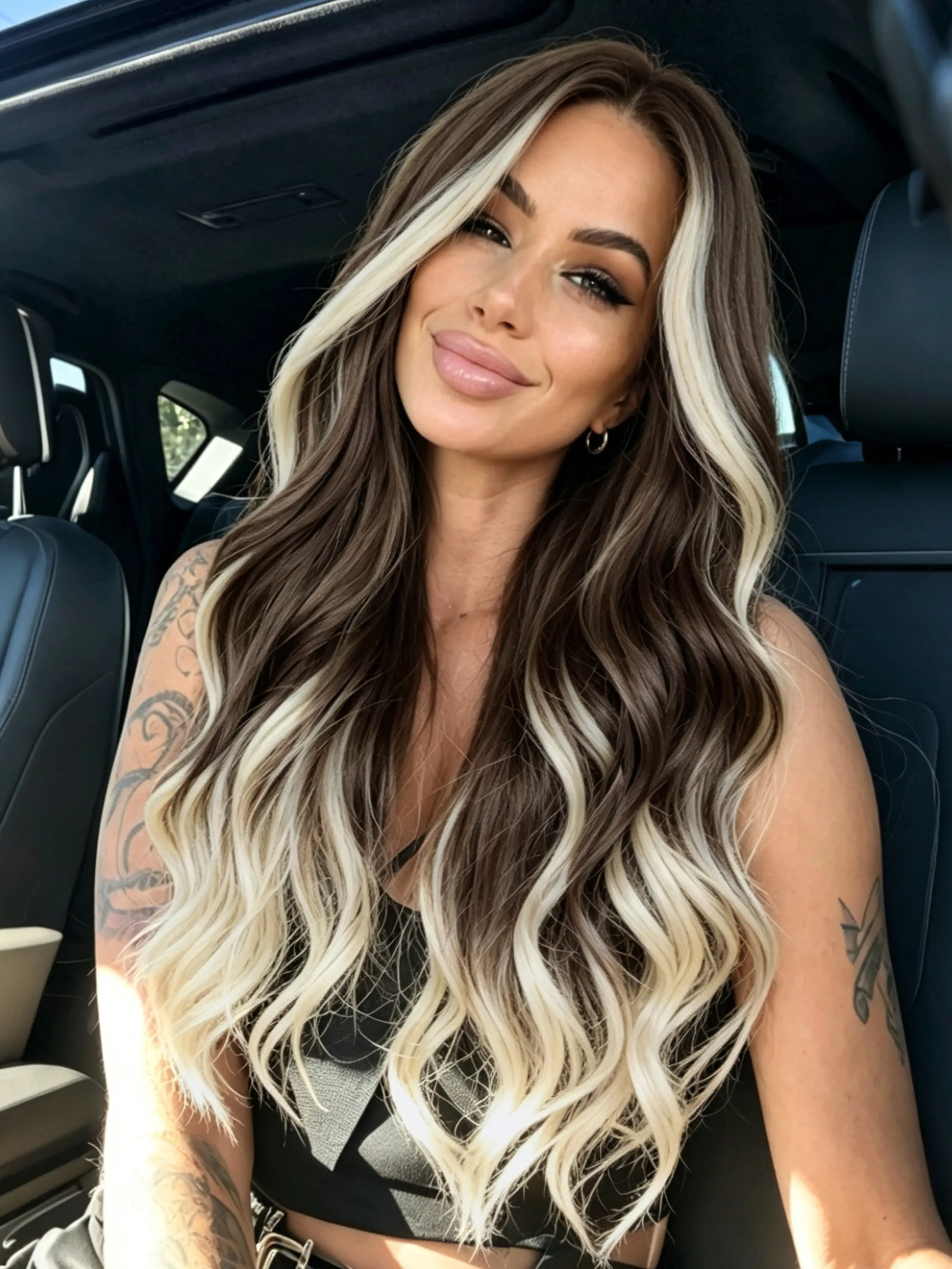 Brown Beige Ombre Wavy Wig 13x4 Lace Front Wig Skunk Stripe Highlight Water Wave Wig HD Transparent Lace Frontal Wig  Free Parting Pre-Plucked Natural Hairline Long Wavy Synthetic Wig for Women Everyday Wear Party Festival Ombre Wigs 28 Inch