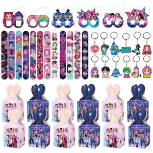 Korean cartoon girl group birthday party gift set of 4 pieces, specifically for party favors, including 12 bracelets, 12 keychains, 12 candy boxes, and 12 cartoon eco-friendly glasses, so everyone has their own exclusive gift