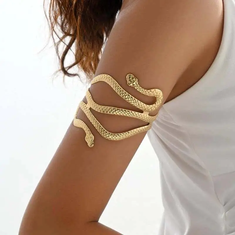 Women's Retro Chunky Female Snake Design Open Cuff Bracelet - Bold Gold Adjustable Metal Coated Animal Arm Candy, Snake-Shaped Metal Costume Jewelry