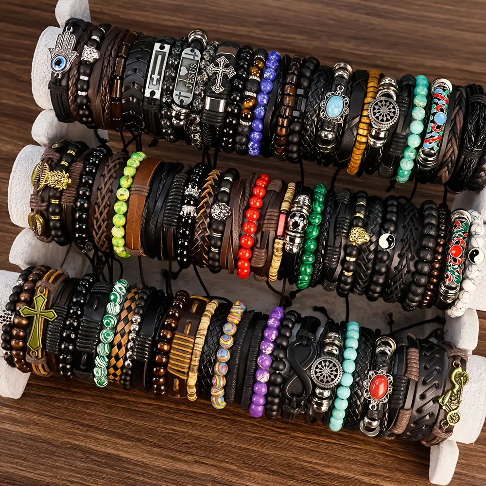 Faux Leather Wristbands Bracelet Sets (10pcs/20pcs/30pcs) - Assorted Evil Eye Skulls Cross Religious Braided Mix, Casual Punk Retro Adjustable Cuff Bulk Jewelry, Handmade Birthday Gift for Men Women, Everyday Use