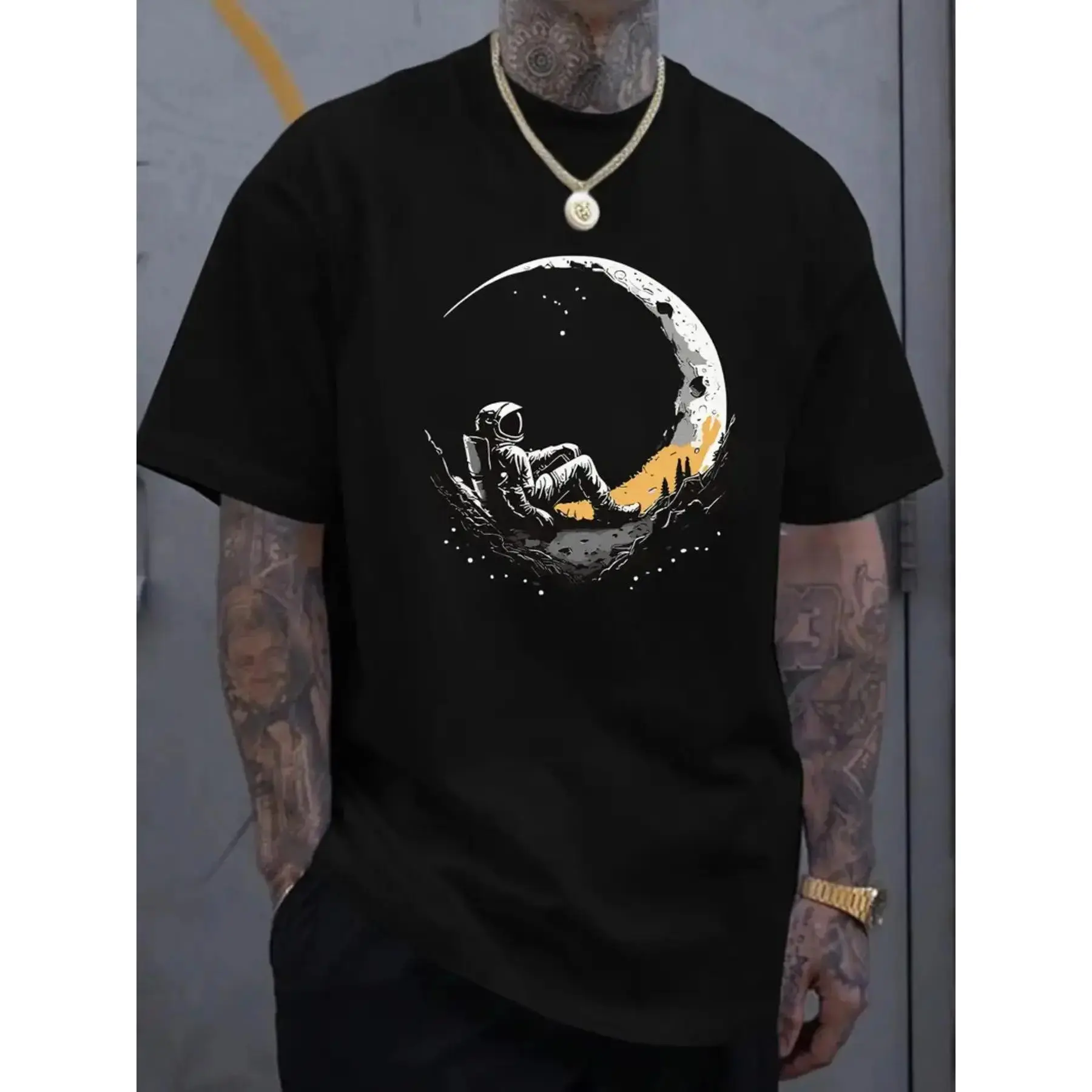Men's Oversized Shortsleeve Jersey Sports Top - Astronaut Graphics, Fitted Street Style, Casual Summer Vacation Wear, Unisex New Arrival, Breathable, Menswear, Soft, Tee, Stretchy, Print