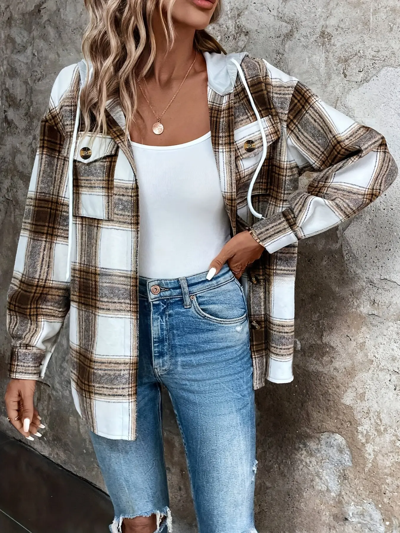Women's Loose Oversize Long Sleeve Plaid Shirt Jacket, Drawstring Hood, Front Button, Dual Chest Pockets, Casual Fall Outerwear