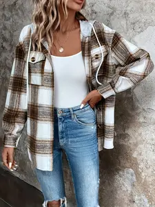 Women's Loose Oversize Long Sleeve Plaid Shirt Jacket, Drawstring Hood, Front Button, Dual Chest Pockets, Casual Fall Outerwear