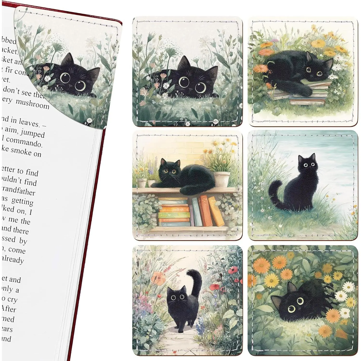 Cute Cats Bookmark Gifts - 6 count Black Floral Leather Corner Bookmarks for Women Students Book Lover Funny  Page Markers Clip Reading Accessories Bookish  for Birthday Christmas