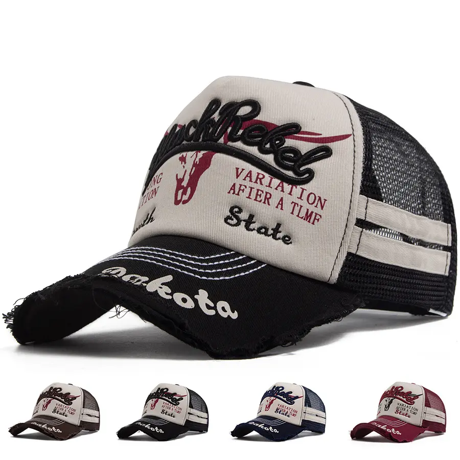 Unisex Stylish Trucker Hat - Vintage Distressed Frayed Design, Black Rebel Bull Skull Embroidery, Mesh Back, Casual Outdoor Hat, Lightweight Sports & Outdoor Accessory Cap, Lightweight Baseball Cap, Mens Hats
