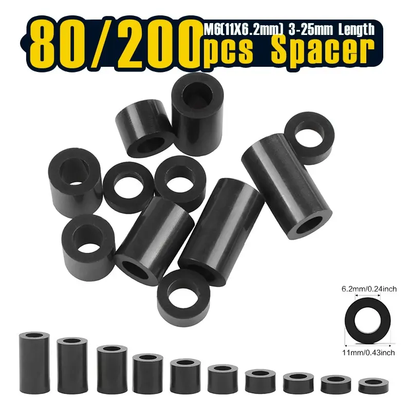 80-200 Pcs, Black ABS Spacers 6.2mm ID, 11mm OD, 3-25mm Height Plastic Round Stud Spacer Black Nylon Washers Nut for M6 Screws
