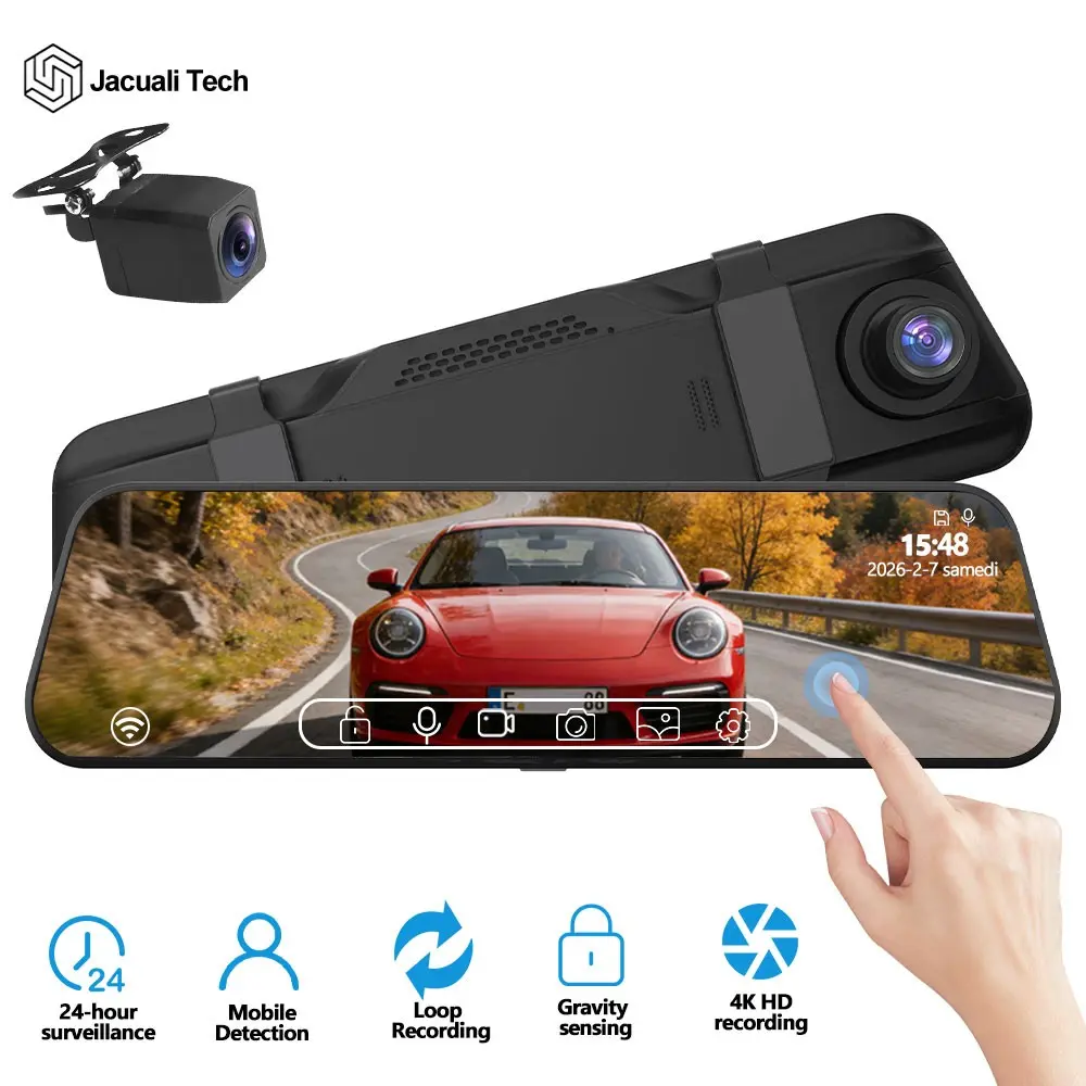 4K WiFi Rear View Mirror Dash Cam, 9.7" IPS Touch Screen, Dual Front & Rear Lens, Type-C Powered, Backup Camera for Cars, Suvs, Trucks, Car Dashcam