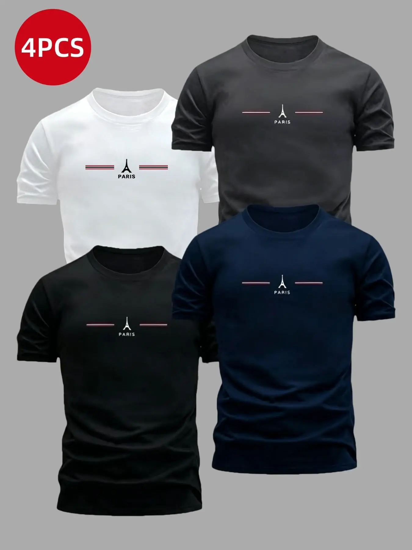 Men's Paris French Theme Fashion Short Sleeve Round Neck T-Shirt Set, Eiffel Tower Pattern, Casual Daily Wear, 4 Pieces, Sporty Style, All Seasons, Casual Athleisure Tee