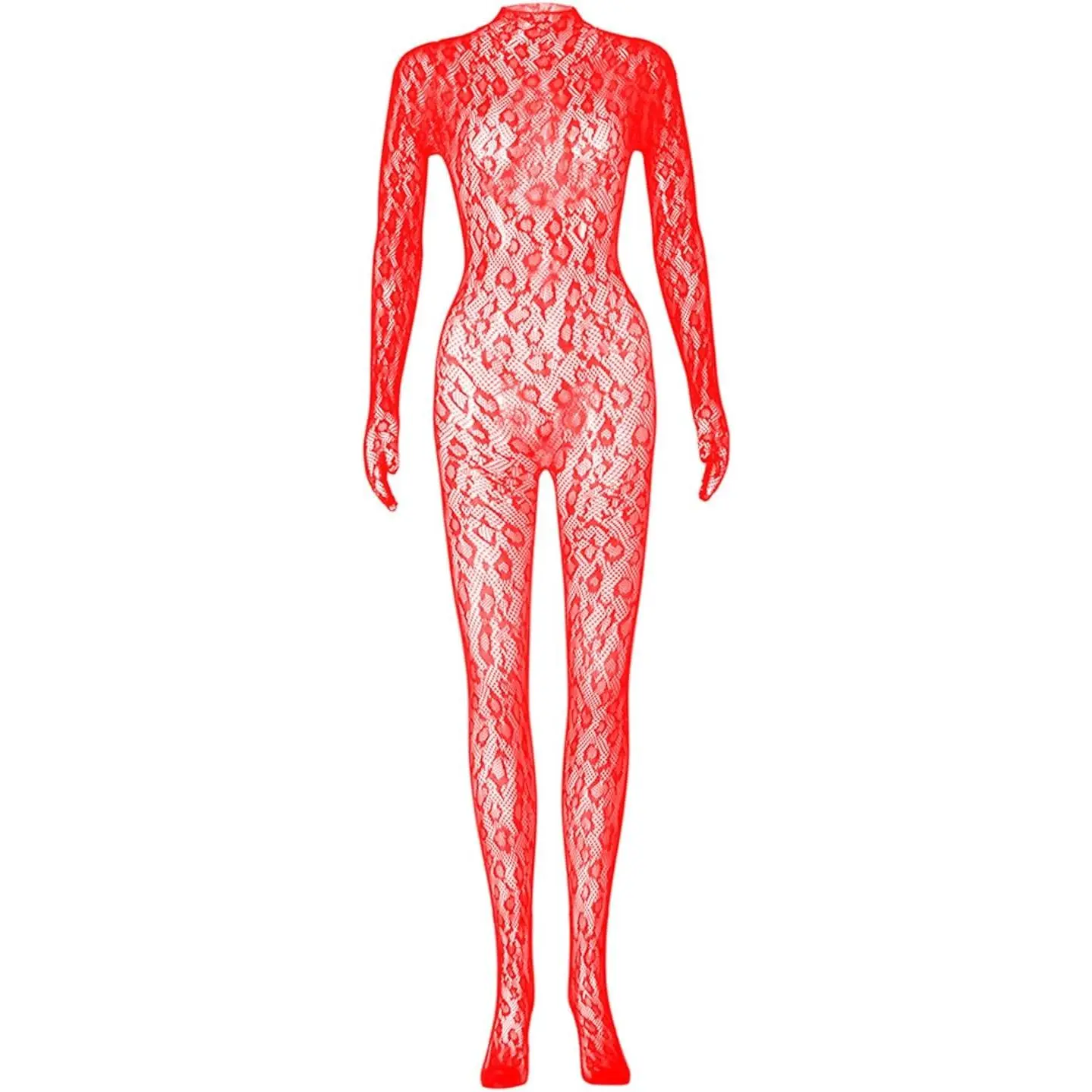 Women's Leopard Lace Fishnet One Piece Bodysuit Jumpsuit Rave Outfit for Night Out(Gift)