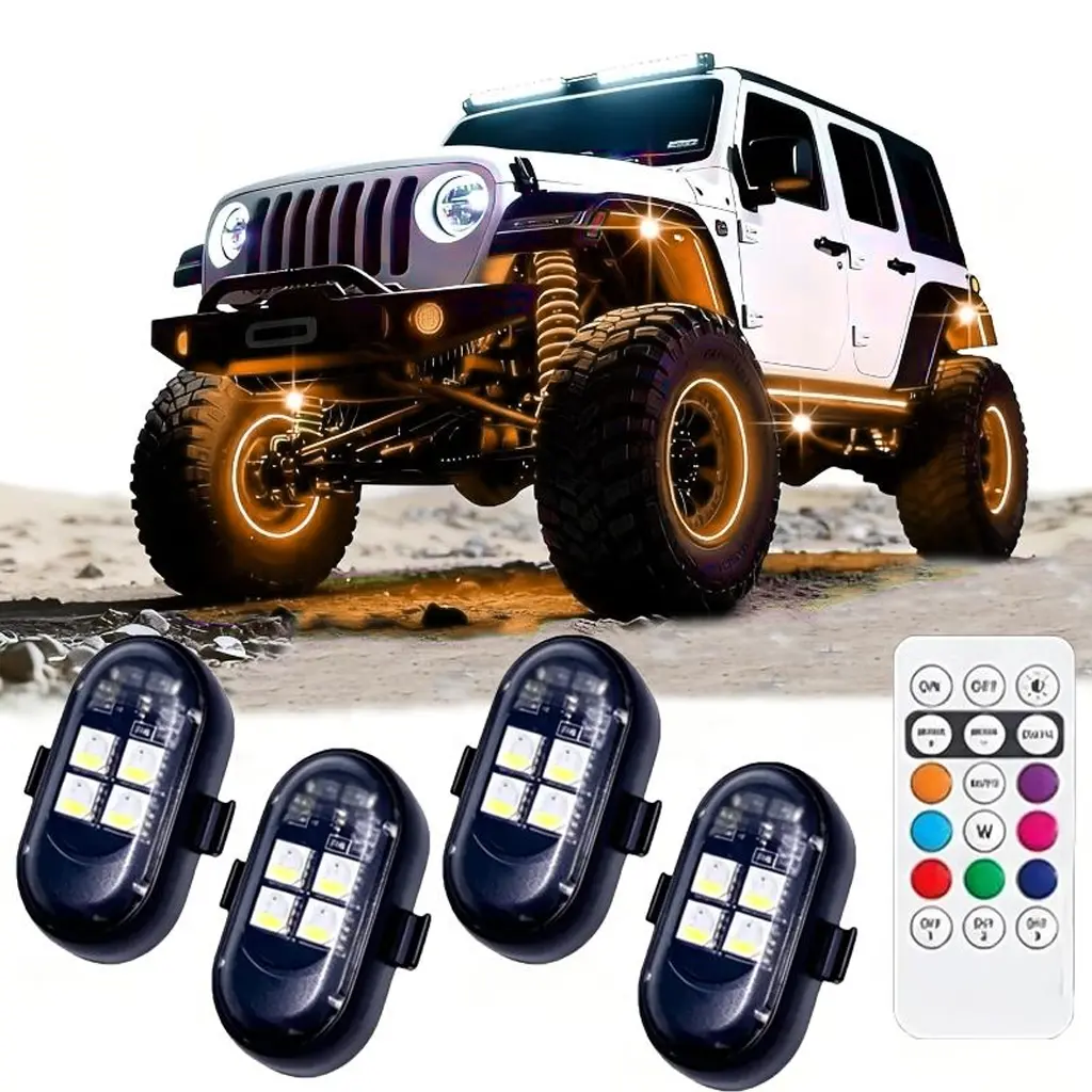 2026 Upgraded Wireless Remote Control RGB Underglow LED Light Kit - IP65 Rated, Multi-Color, Dimmable, Strobe Warning, Rechargeable, Long-Lasting Automotive Decor for Off-Road Vehicles, Truck Mods, Car Light Embellishments, Night Driving Use