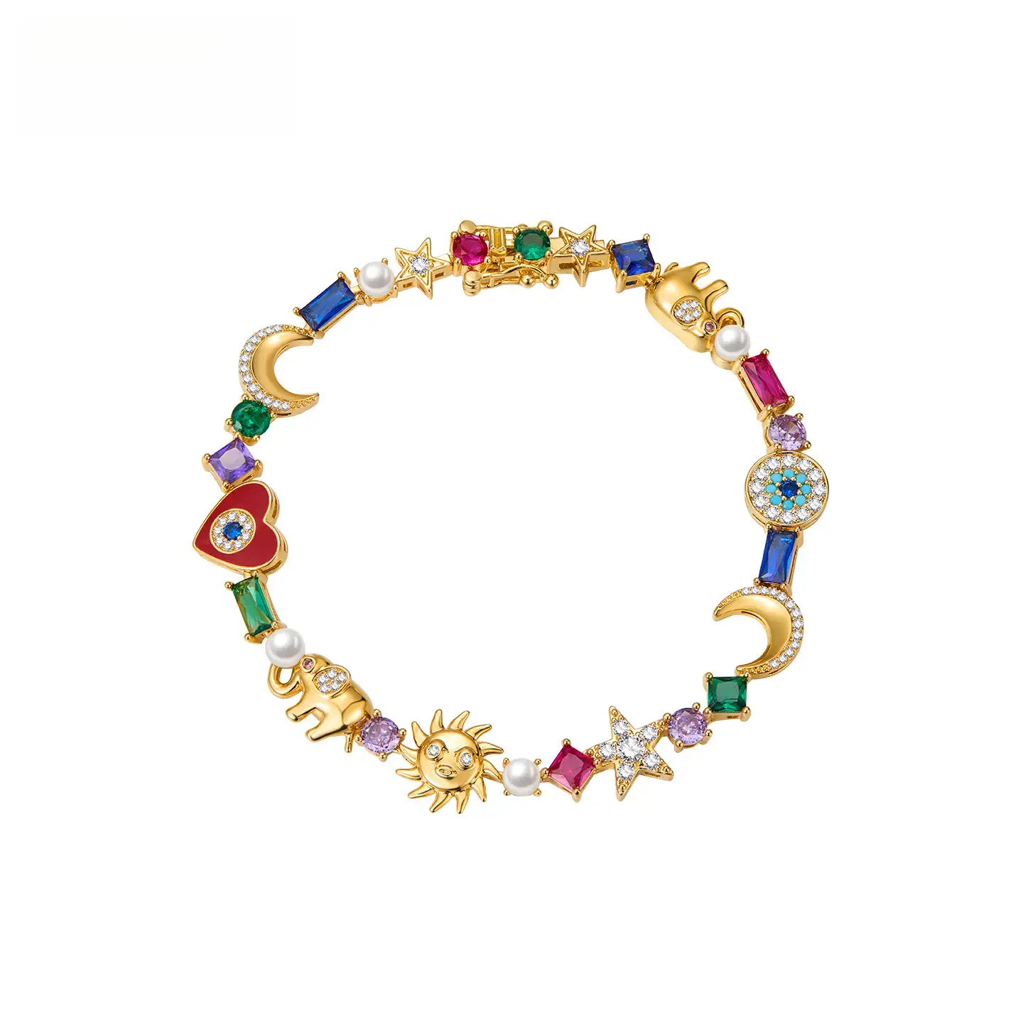 14K Gold-Plated Stackable Zirconia Bracelet for Women - Evil Eye, Lucky Elephant, Moon & Stars, Rainbow Bracelet: Valentine's Day, Birthday, Mother's Day Gifts Graduation Gift