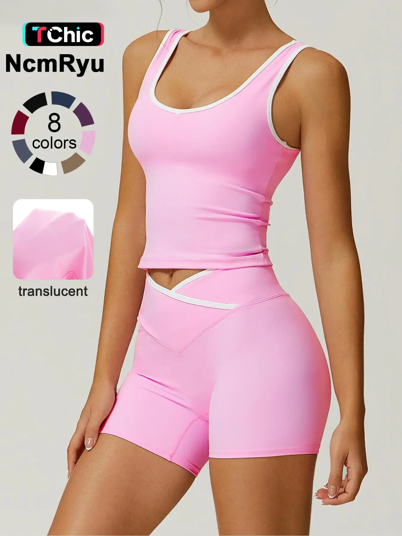 2 piece set women's patchwork high elasticity soft U-neck wide shoulder strap vest cross waist shorts yoga suit set for all seasons running, cycling, hiking, walking fashion set gym sports training versatile vest shorts Sportswear Set