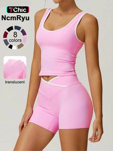 2 piece set women's patchwork high elasticity soft u-neck wide shoulder strap vest cross waist shorts yoga suit set for all seasons running, cycling, hiking, walking fashion set gym sports training versatile vest shorts