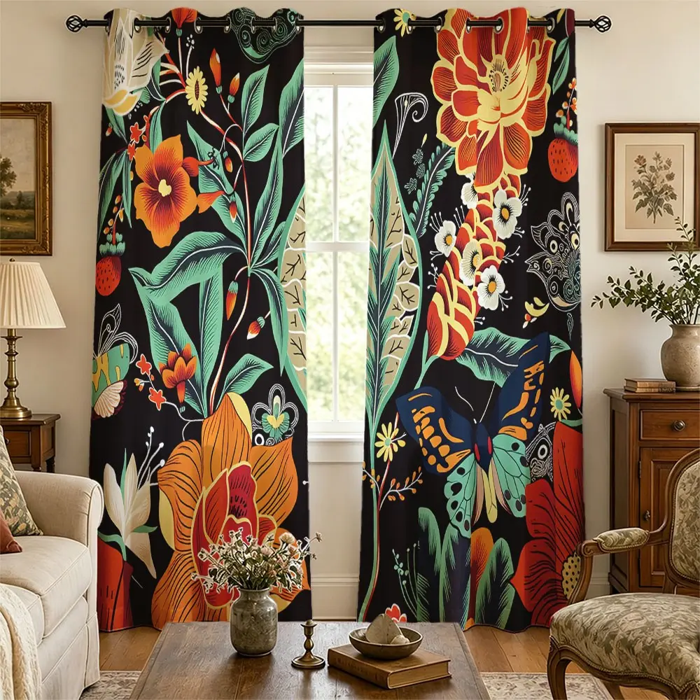 Colorful Floral Blackout Curtains, Boho Retro Groovy Hippie Funky Flowers Room Darkening, Modern Art Bedroom Living Room Decor Grommet Window Drapes Home Decorative Curtain 2 Panel