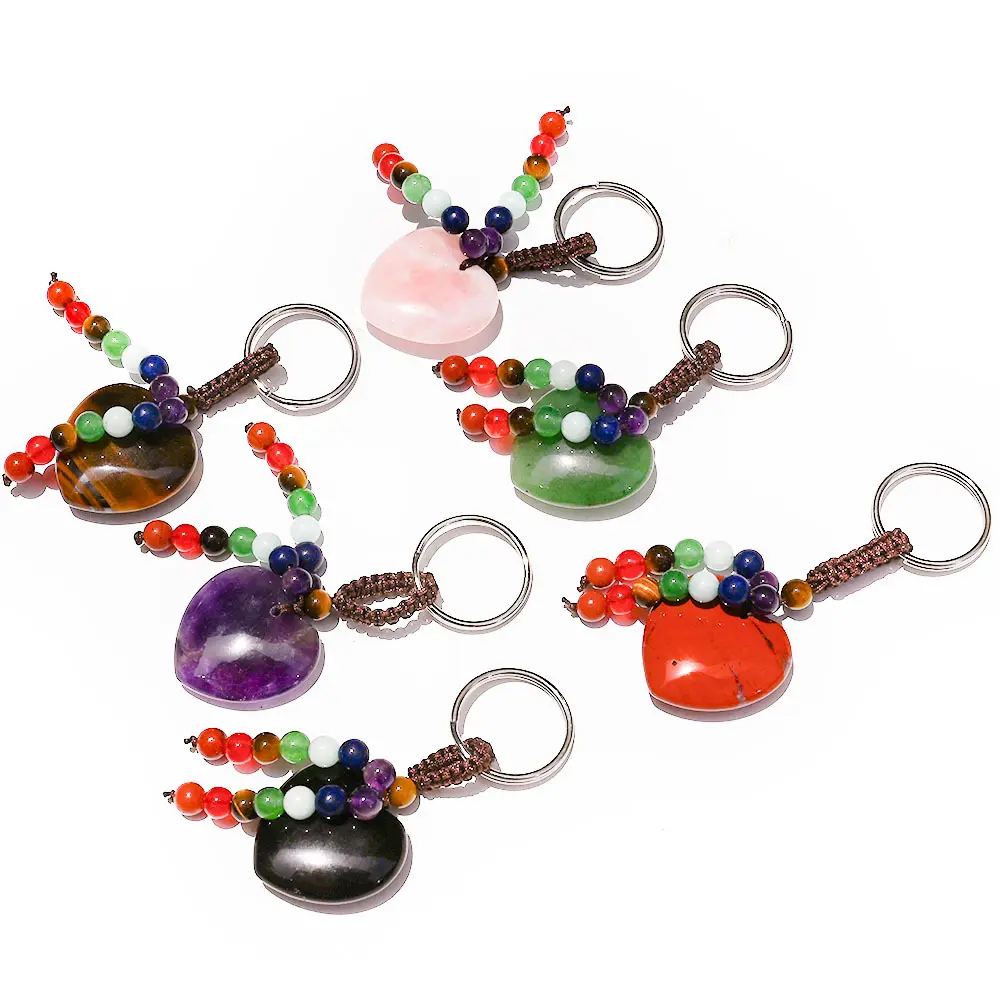 Heart Form Natural Gemstone Pendant Charm Jewelry Keychain Ornaments - DIY Crafts Supplies, Available in Amethyst, Rose Quartz & Tiger Eye