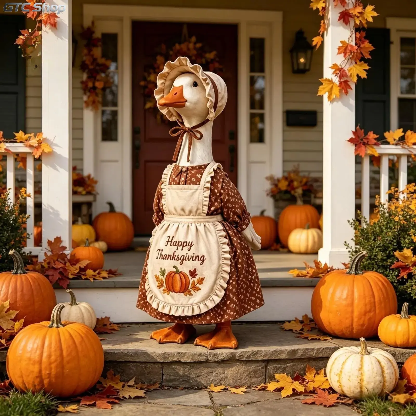 Thanksgiving Porch Goose Outfit Pumpkin Print Floral Fake Two-piece Dress Ruffled Hat Set for 23" Lawn Cement Plastic Goose