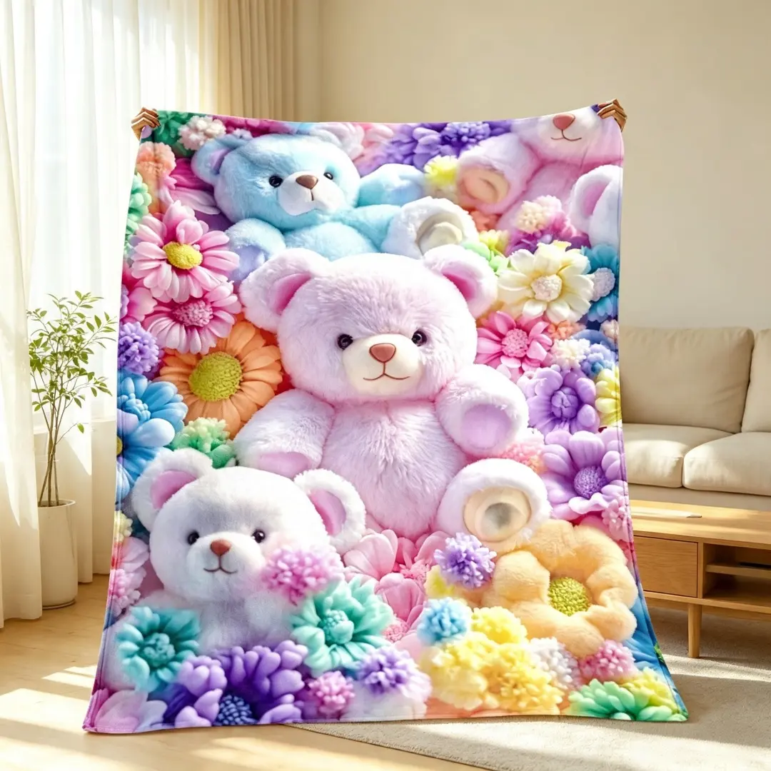 Colorful Teddy Bear Floral Blanket—Lightweight home decor bedding suitable for sofa beds, travel camping, living room offices, chairs, and beds. Made of soft and warm flannel, it's a wonderful gift for children, family, and friends.