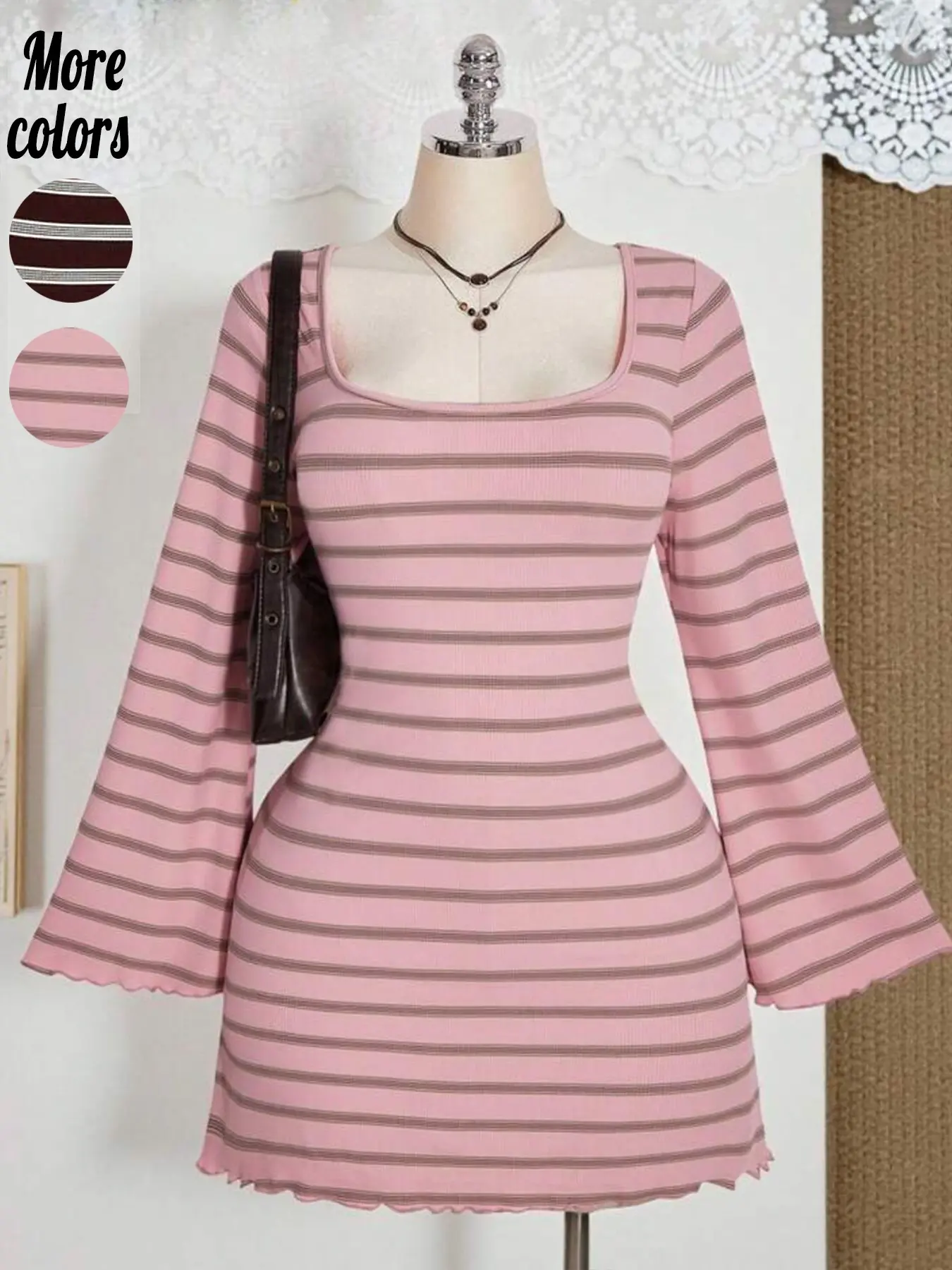 [Plus Size] 1 Piece Women’s Striped Square Neck Bell Sleeve Ribbed Bodycon Mini Dress, Y2K Coquette Vintage Grunge Streetwear Aesthetic, Stretchy Rib Knit & Wavy Scalloped Hem Detail, For Curvy & Petite Women, Perfect for Campus Daily, Coffee Date