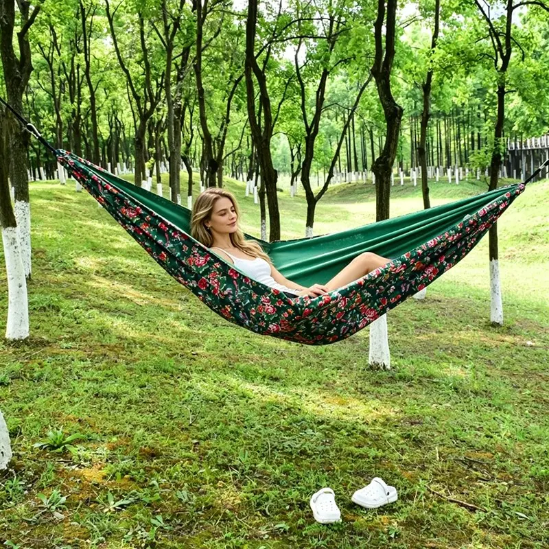 1pc Dark Green Retro Flower Pattern Hammock, Weather Resistant Portable Outdoor Hammock, Easy Install Single Person Hammock for Backpacking, Patio & Forest Relaxation
