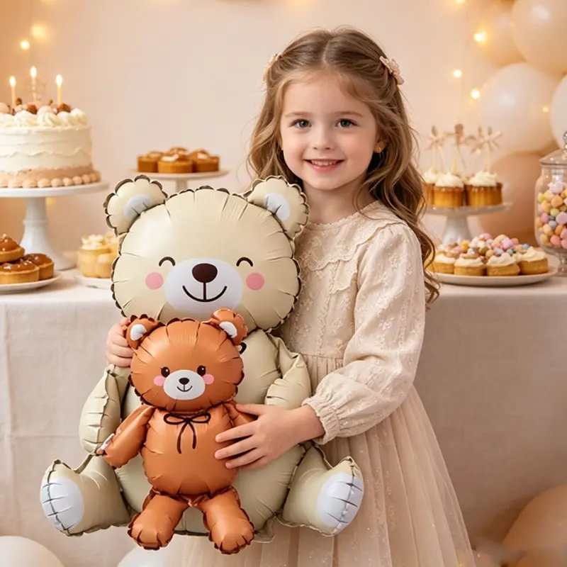 Cute Parent-Child Bear Foil Balloon Set, Rice Color Mom Bear Holding Baby Bear, 3D Sitting Bear Balloon, Bohemian Kids Shower Decor, Birthday Party Props