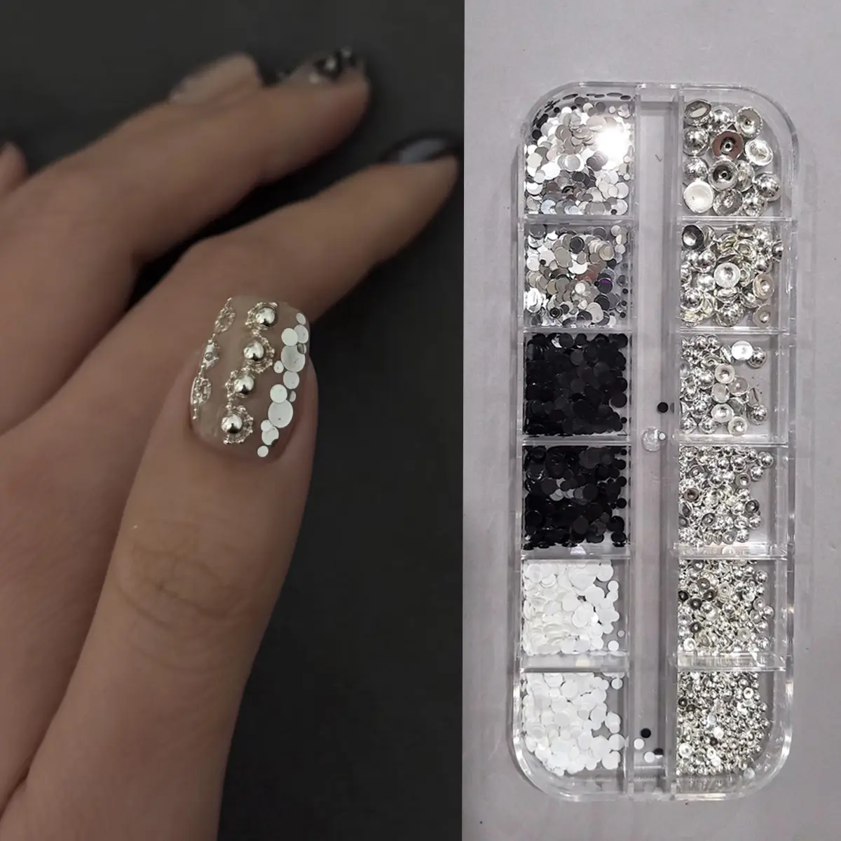 12-Grid Nail Art Sequins & Rhinestones Kit, Style 1 Multi-Color Round Glitter Flakes, Mixed-Size Crystal Rhinestones for DIY Manicure Decoration Fashion Costume Jewelry Accessories