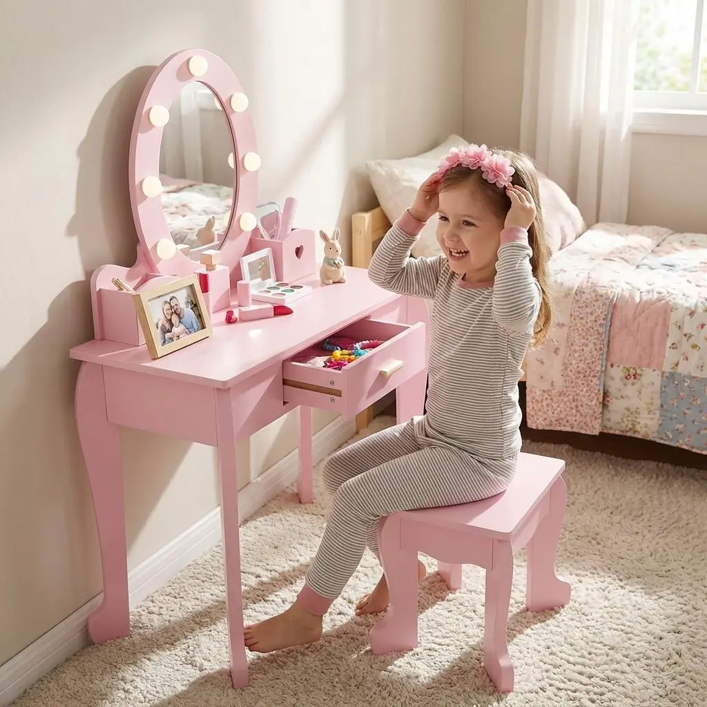 DealsForYouDaysPink Wooden Vanity Table and Chair Set for Children with Lighted Mirror, Makeup Storage Rack, Brush Holder, and Stool - Perfect Pretend Play Dressing Table