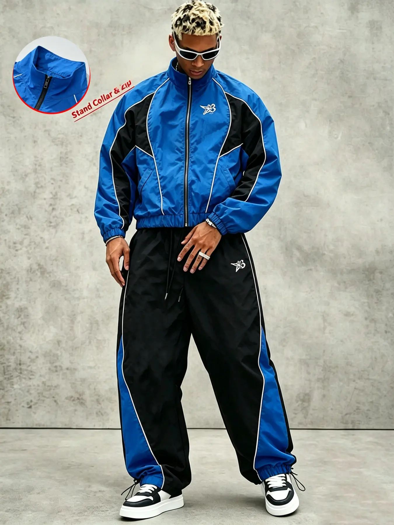 Men 2 Piece Tracksuit Set, Color Block Stand Collar Zip Jacket & Jogger Pants With Contrast Piping For Hip Hop Skate Street Outfits