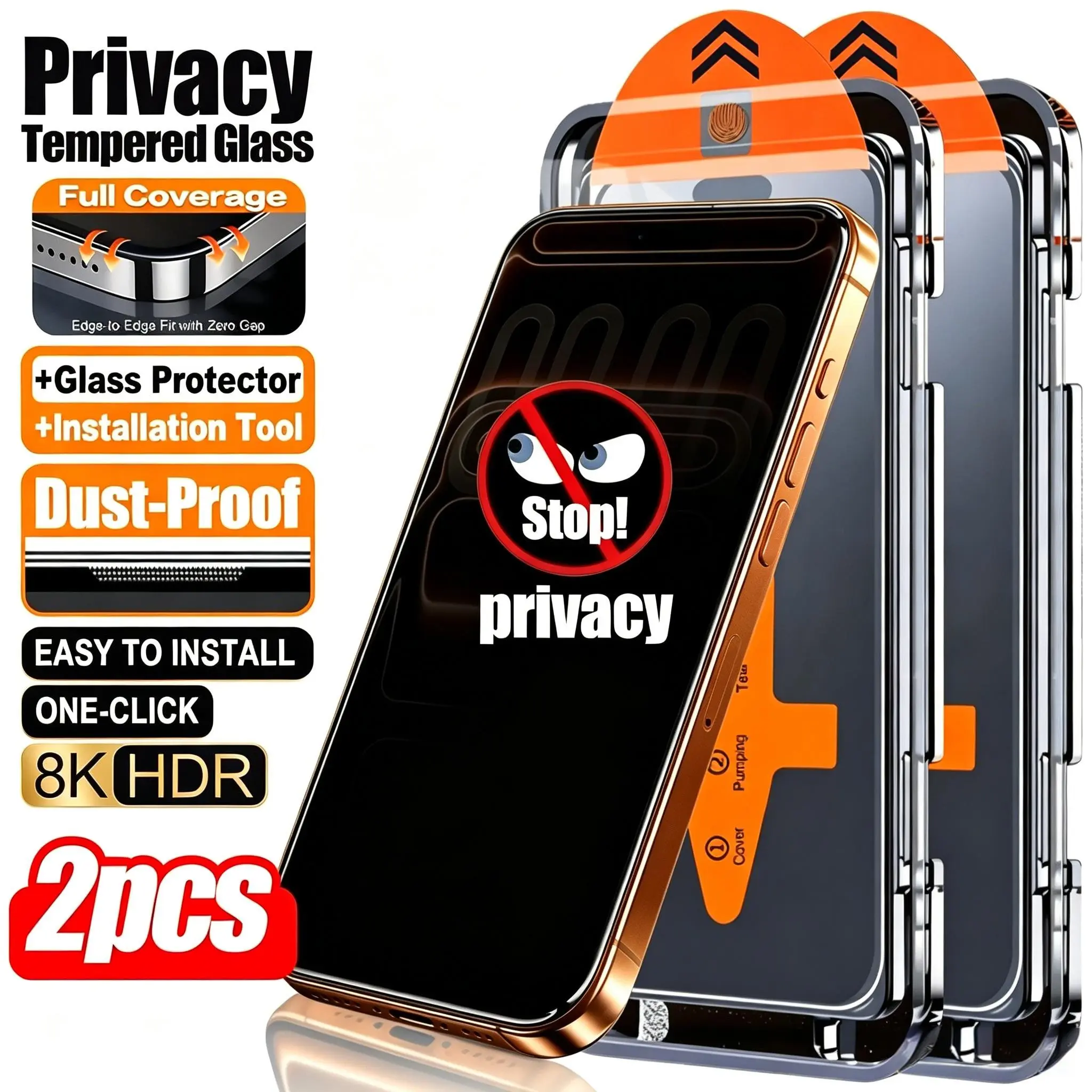 2pcs Full Coverage Privacy Tempered Glass Screen Protector with Install Kit Auto-Alignment Kit Compatible with iPhone 17 Pro Max/17 Pro/16 Pro Max/16 Pro/16 Plus/16E/16/15 Pro Max/15 Pro/14 Pro/13/12,11, Anti-Fingerprints, Anti-Fall, Anti-Scratch