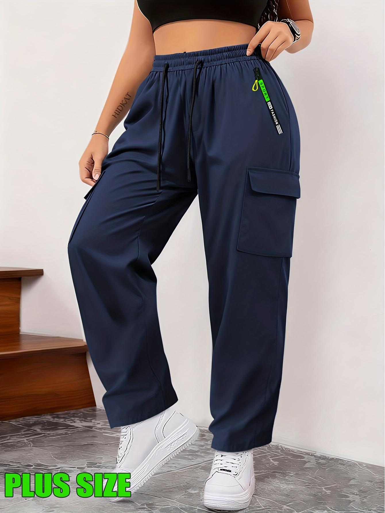 Large women's multi pocket zipper workwear casual sports pants Drawstring elastic waist breathable outdoor hiking straight leg pants Fat mm loose slimming workwear style fitness running pants