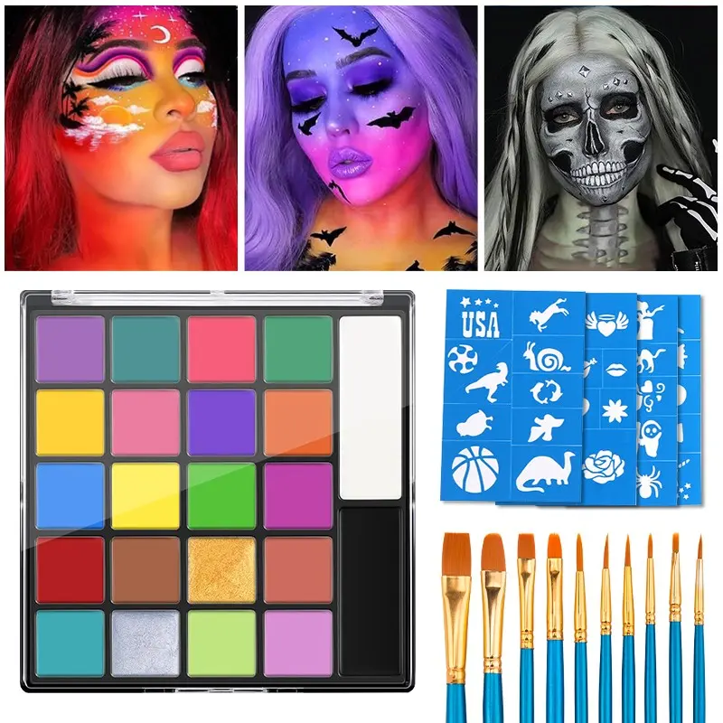 22 Color Face Body Paint Set with 10 Brushes, Halloween Stickers, Waterproof Easy Clean, Cosplay Party Makeup Tools for Kids Adults