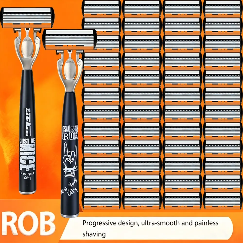 Trendy Punk Men's Manual Razor Set, 2 Non-Slip Steel Handles, 48 Replacement Blades, Smooth Shave, Dry/wet Use, Durable, Gift-Ready, Shaving Tool