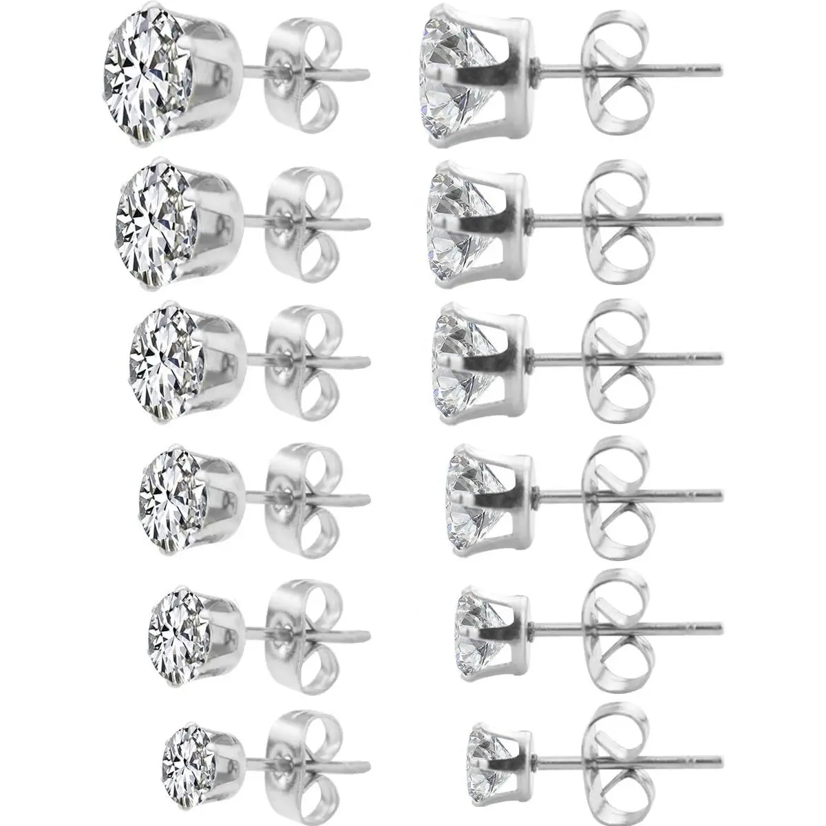 6 Pairs Alloy Womens Stud Earrings Round Clear Cubic Zirconia Inlaid Simulated  Rhinestone  Pierced  CZ Studs 0.1 inch-0.3 inch for Unisex Teens and Women