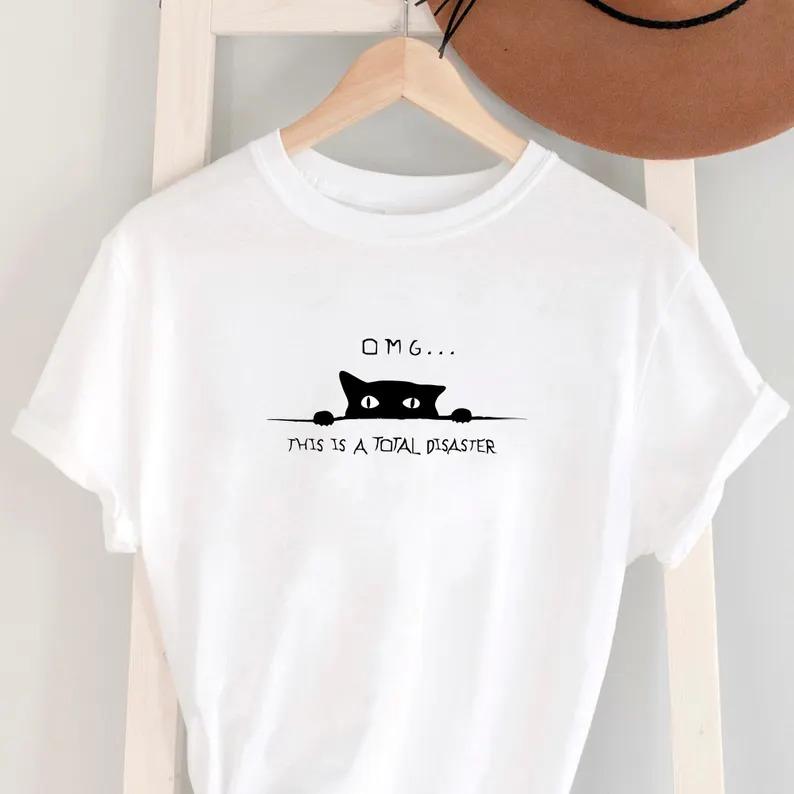 Shocked Cat OMG Total Disaster Meme T-Shirt, Funny Cat Lover Gift, Trendy Casual All-Season Unisex Tee