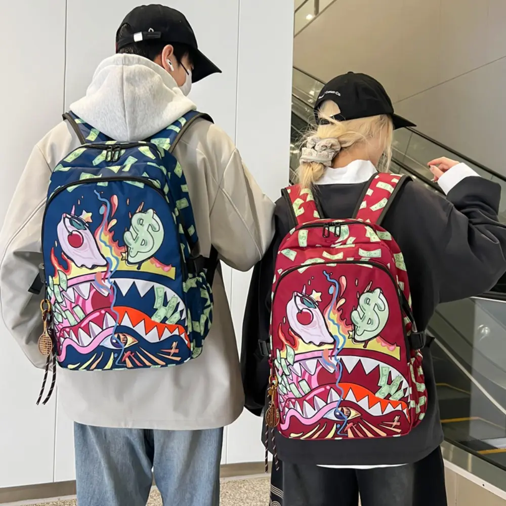 Graffiti Shark Money Print Backpack for Men Women, Large Capacity Streetwear Cartoon Daypack, Water Resistant Multi Pocket Casual Rucksack for Travel School Work