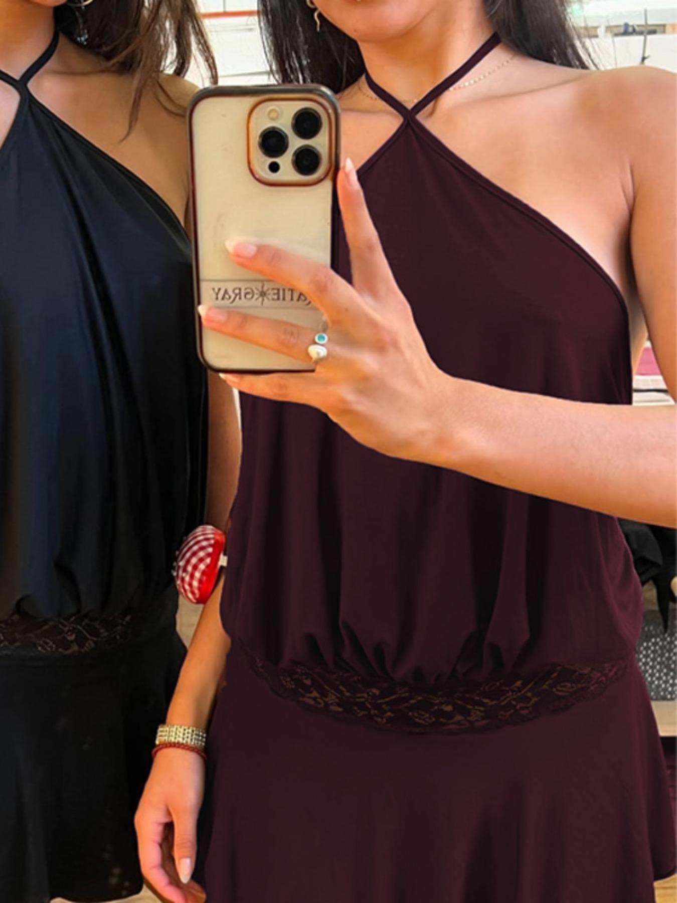 Women's Solid Color Lace Stitching Halter Neck Lace Up Sleeveless Backless Bodycon Slip Dress Plain Cut Out See Through Ruffles Hem Party Club Dating Holiday Beach Vacation Music Festival Ladies Dresses Clothing Wear Halter Strap Dress