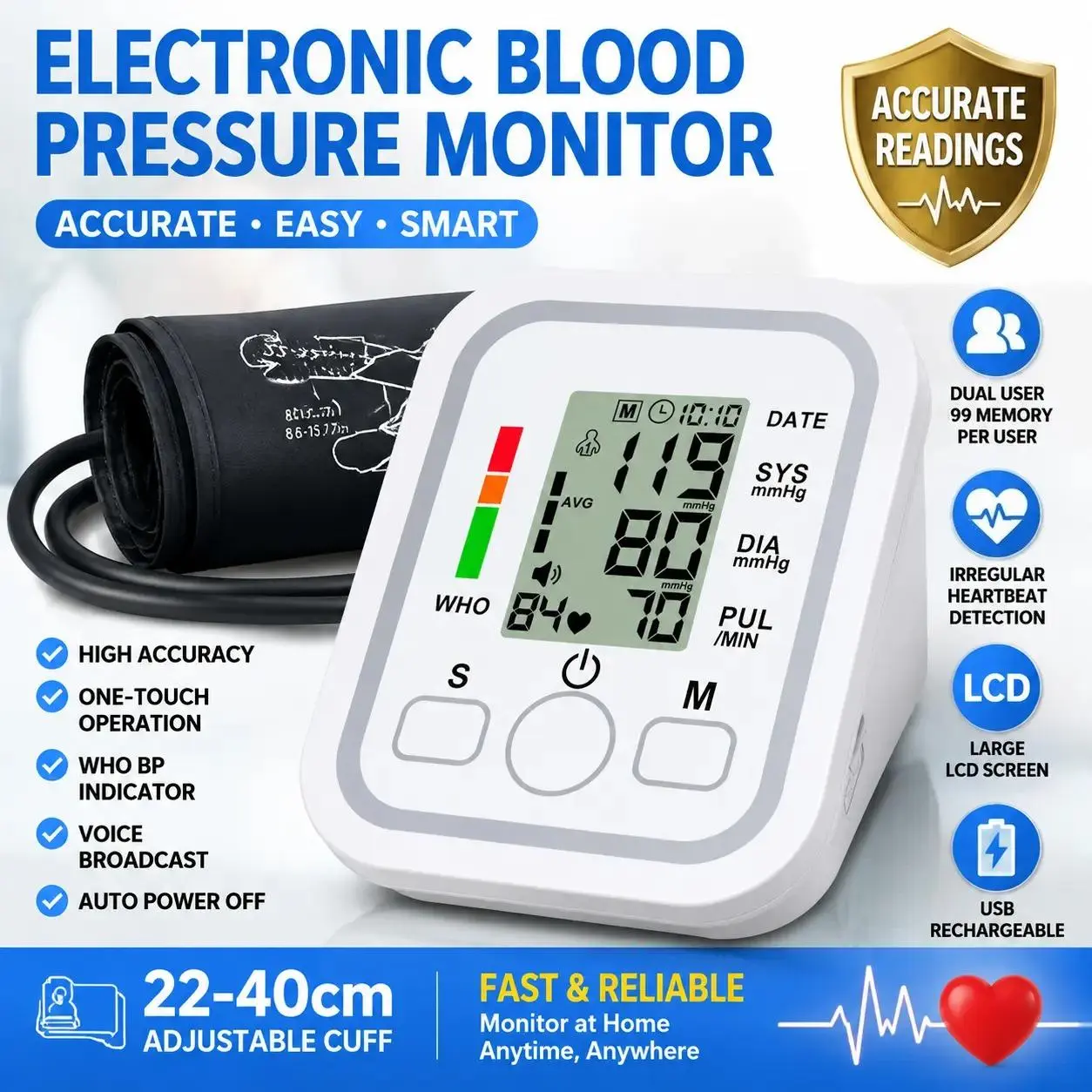 Digital Blood Pressure Monitor for Home Use, BP Machine with Extra Large LCD Screen & Easy-to-Read Backlight, High-Accuracy Accurate Upper Arm Cuff Smart Heart Rate Monitor for Elderly