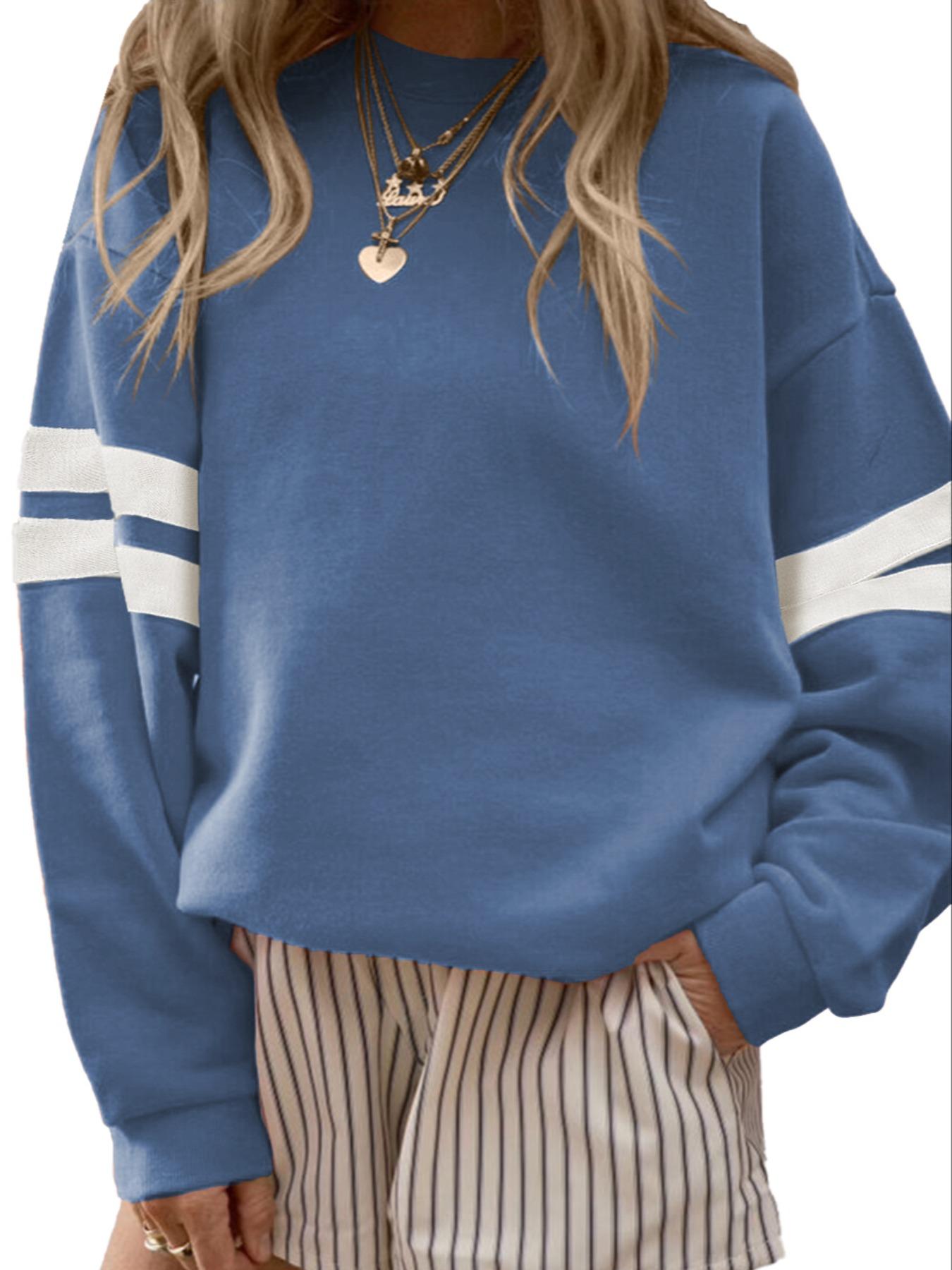 Women's Fall Winter Casual Loose-fit Crewneck Sweatshirt, Long Sleeve Striped Design, Comfortable Oversized Drop Shoulder Top