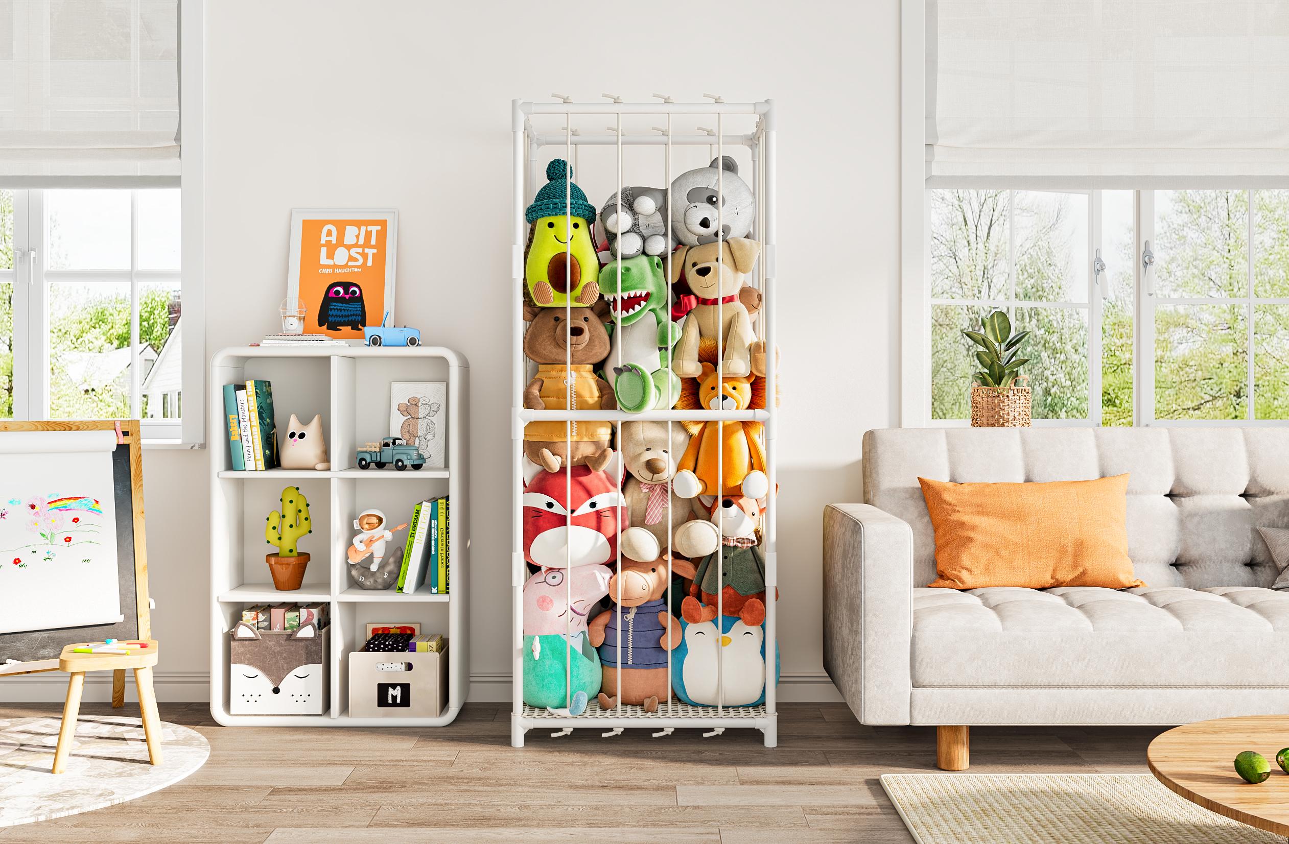 Stuffed Animal Storage Zoo Toy Organizer Corner Chest Plush PVC Material Extra Large Holder Metal Standing Space Save Vertical With Elastic For Nursery Kids Room Rack Box