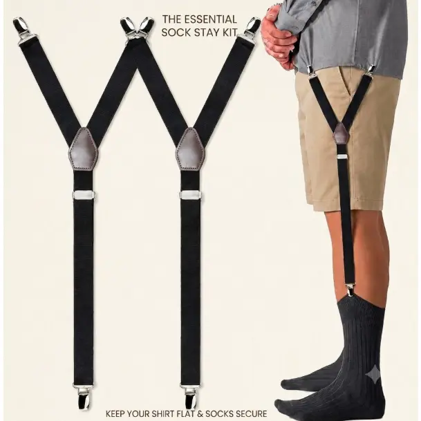 Men's Premium Y-Style Shirt Stays Elastic Dress Shirt Garters with Non-Slip Metal Clips to Sock (1 Pair)