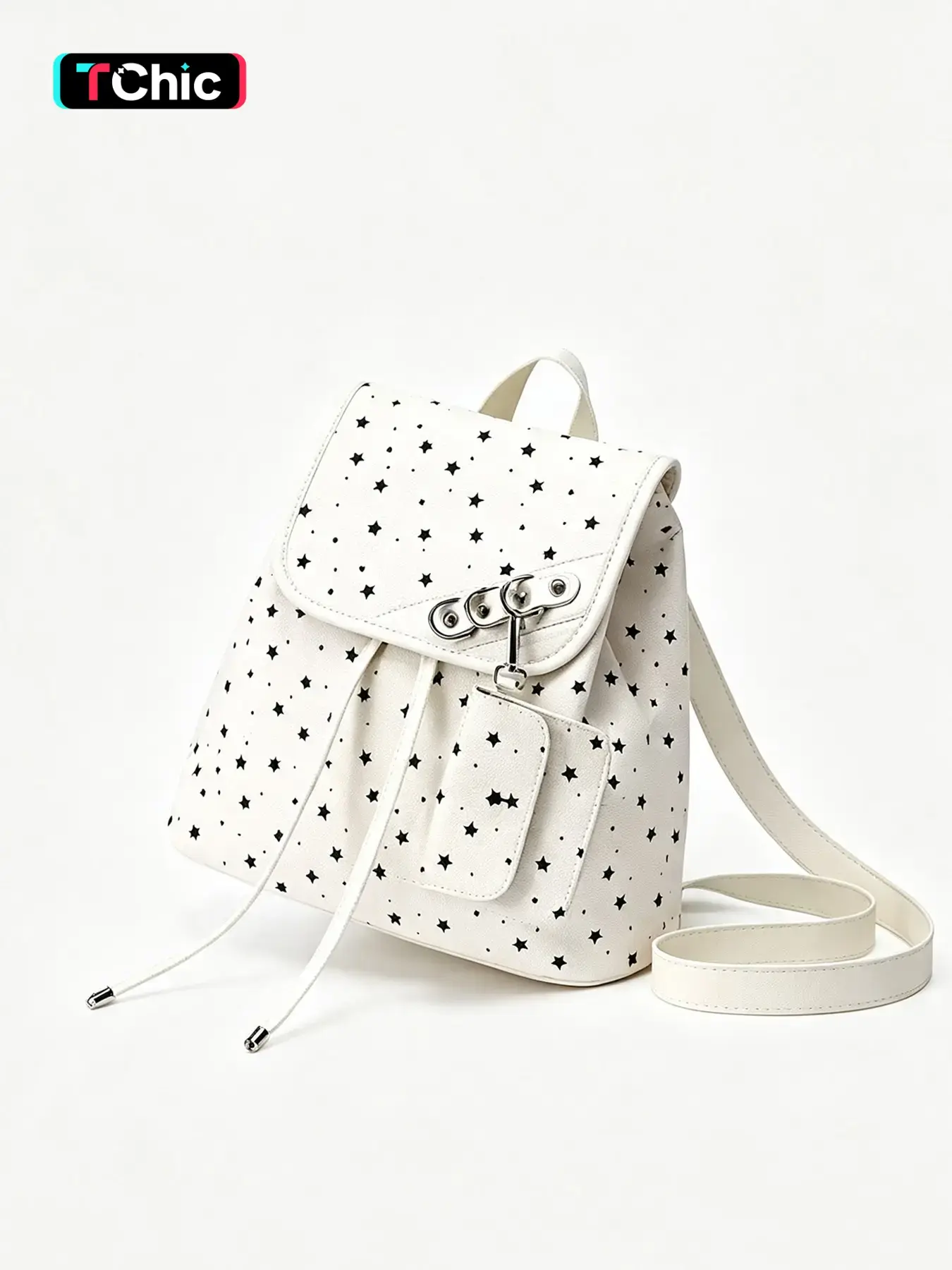 Cute star printed women's backpack, mini flip cover drawstring versatile simple backpack, metal lock decoration small casual day bag, sweet Y2K aesthetic daily travel school backpack